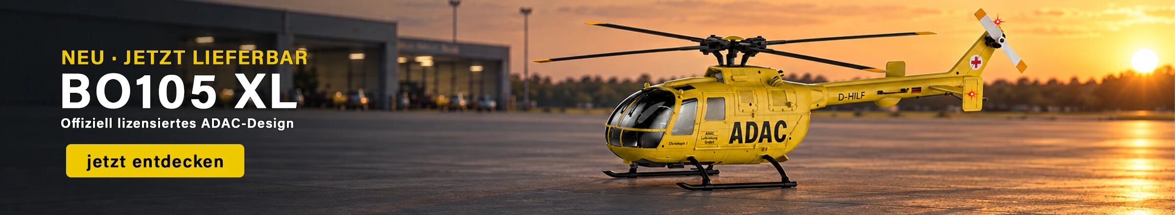 BO105 XL ADAC RTF set, officially licensed scale helicopter model in yellow ADAC livery with 6-axis flight stabilisation, brushless motors and detailed scale looks.