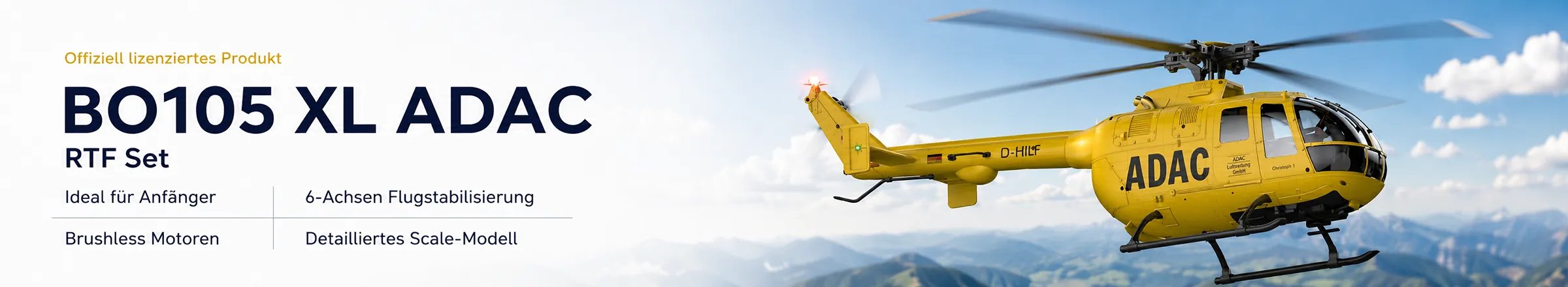 BO105 XL ADAC RTF Set – offiziell lizenziertes Scale-Helikopter-Modell in gelber ADAC-Lackierung mit 6-Achsen Flugstabilisierung, Brushless-Motoren und detailgetreuer Scale-Optik.