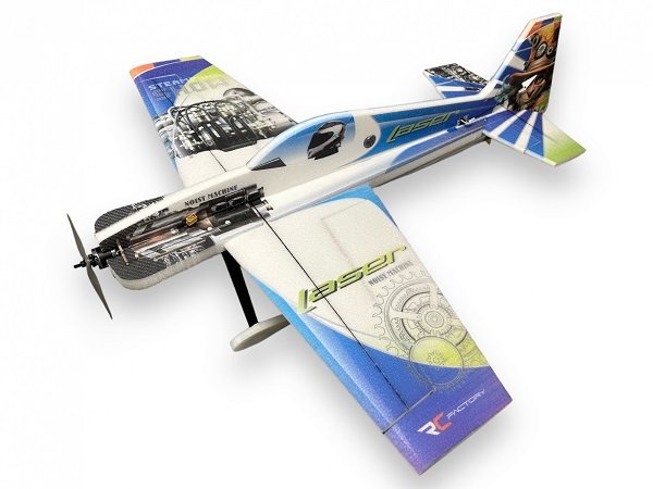 Blue RC model aircraft on a bright studio stage
